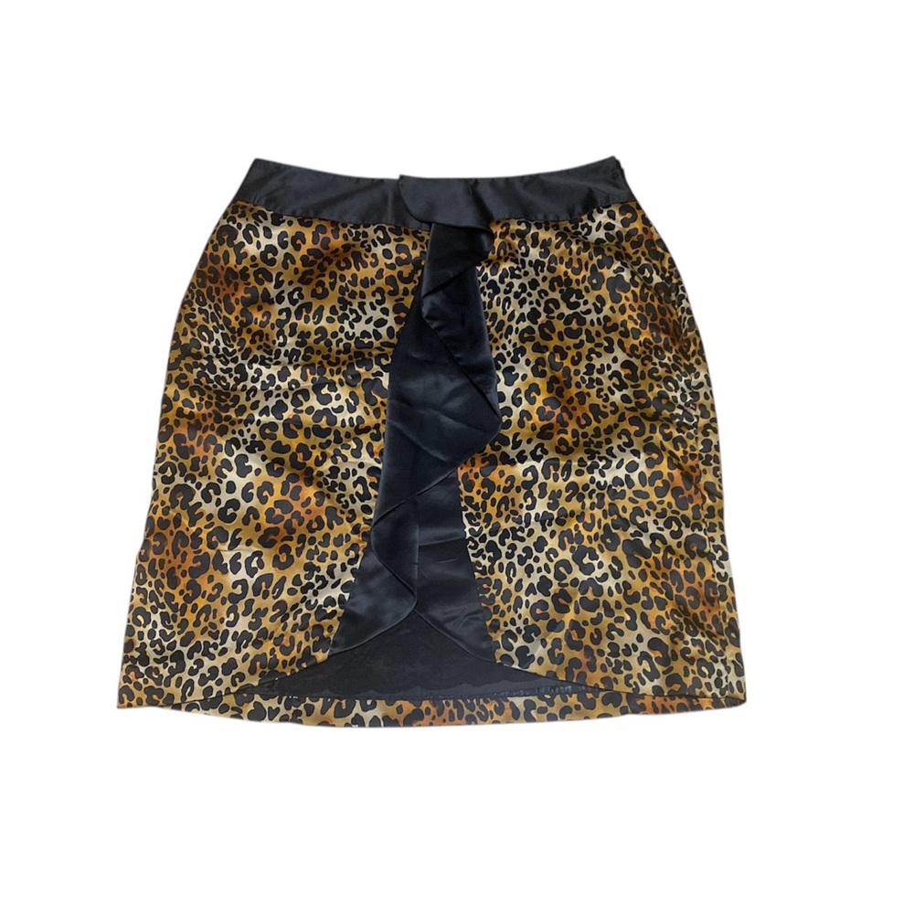 Worthington Women’s Leopard Print Satin Pencil Skirt Size 14 Ruffle Accent